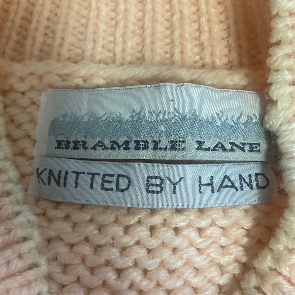 Bramble Lane Sz M Hand Knitted Cable Knit Sweater Coral w/ Green & Rust Accents - Picture 2 of 13
